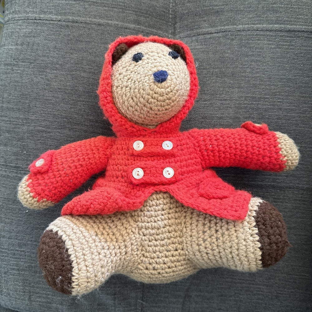 Vintage 12" Handmade‎ Folk Knit Knitted Paddington Teddy Red Jacket Bear Plush